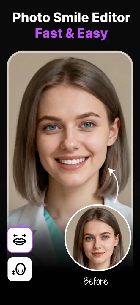 Reshot AI app showing before and after smile enhancement on an iPhone portrait photo