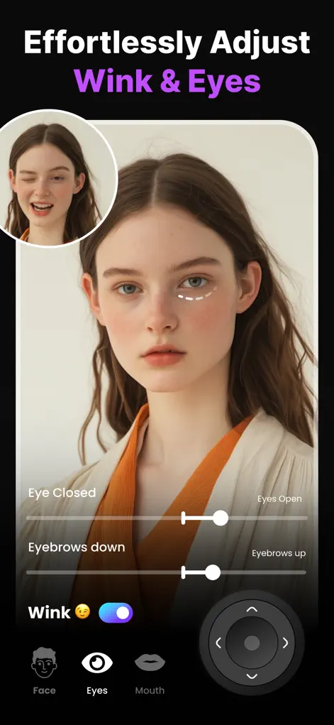 Eye expression studio with eye openness and eyebrow sliders to change eye direction