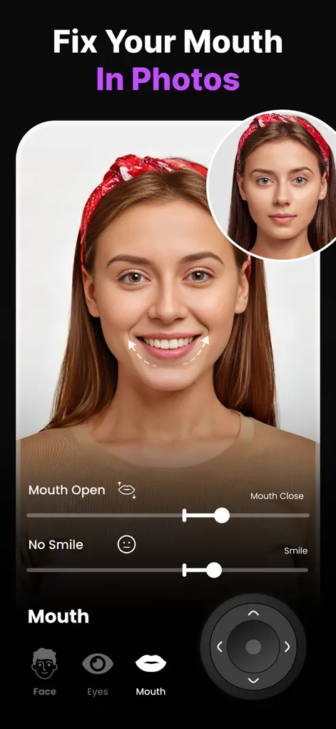 Refining mouth expression in a portrait photo with before and after comparison