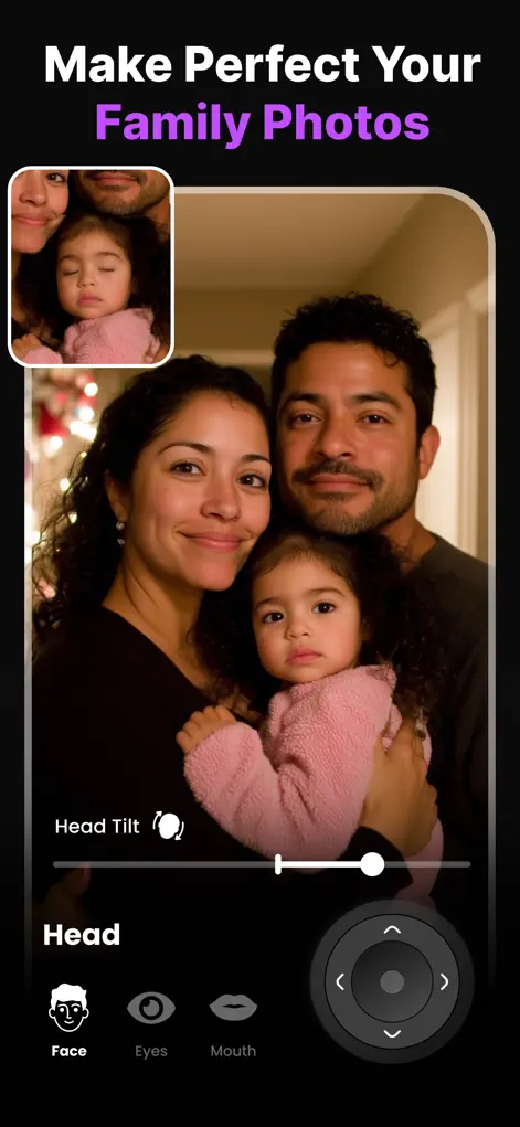 Fixing expressions in a family group photo with per-face head adjustments