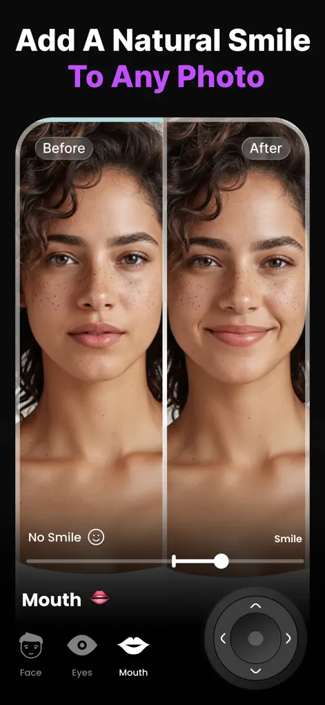 Adding a natural smile to a photo with real-time mouth adjustment sliders